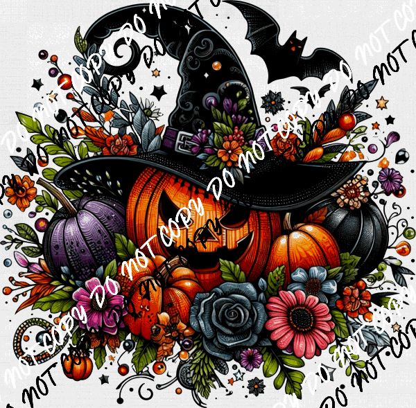 Pumpkin Witch Floral with Bat DTF Transfer - We Print U Press DTF Transfers