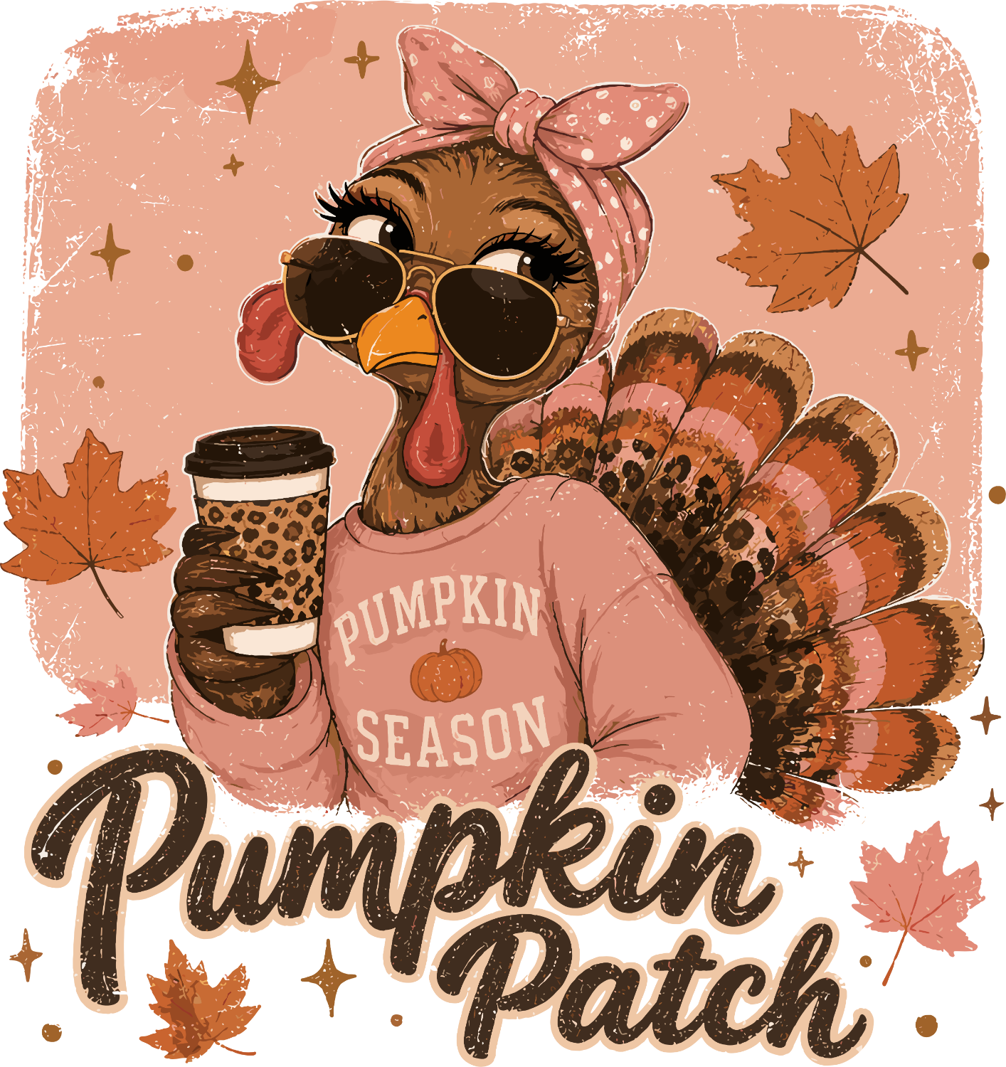 Stylish turkey wearing sunglasses and pink bow holding pumpkin spice coffee, ready to press dtf transfer with autumn leaves.