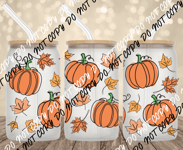 Pumpkins and Leaves UV Transfer for 16 oz Glass Can - We Print U Press DTF Transfers