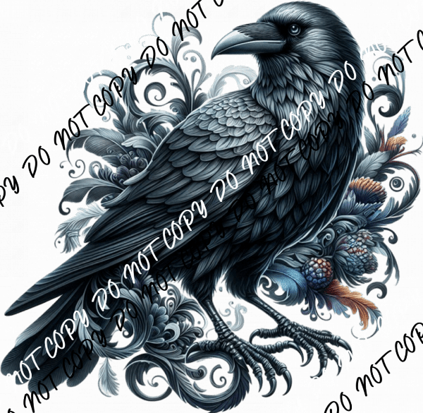 Raven with Blue Florals DTF Transfer - We Print U Press DTF Transfers