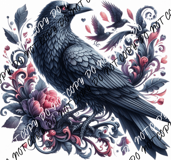 Raven with Pink Florals DTF Transfer - We Print U Press DTF Transfers