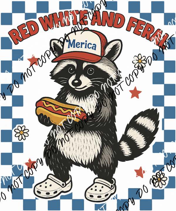 RED WHITE FERAL RACCOON CHECKER BORDER DTF TRANSFER - We Print U Press DTF Transfers