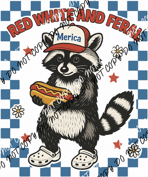 RED WHITE FERAL RACCOON CHECKER BORDER DTF TRANSFER - We Print U Press DTF Transfers