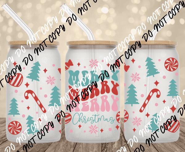 Retro Merry Christmas UV Transfer for 16 oz Glass Can - We Print U Press DTF Transfers