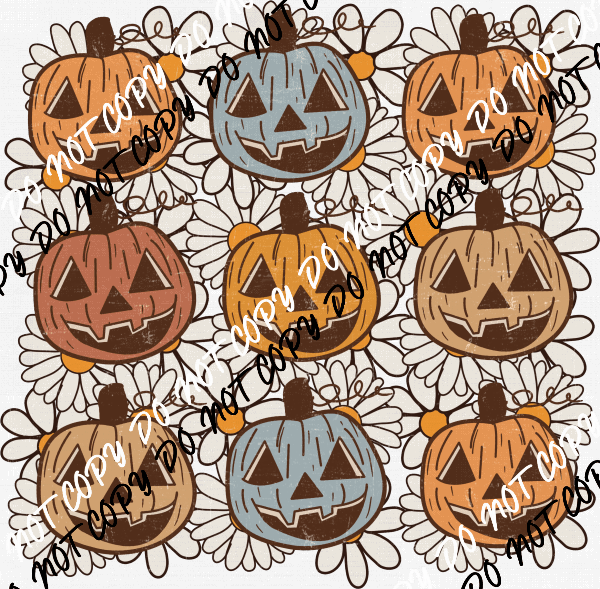 Retro Pumpkins and White Flowers Distressed Grid DTF Transfer - We Print U Press DTF Transfers