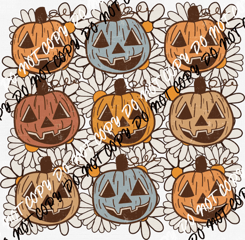 Retro Pumpkins and White Flowers Distressed Grid DTF Transfer - We Print U Press DTF Transfers