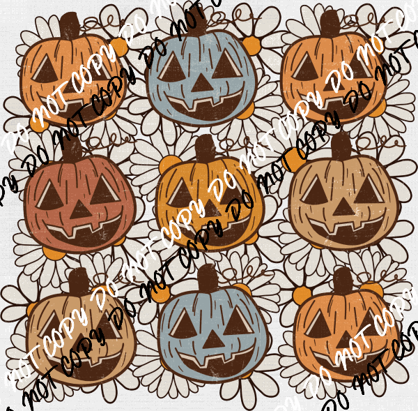 Retro Pumpkins and White Flowers Distressed Grid DTF Transfer - We Print U Press DTF Transfers