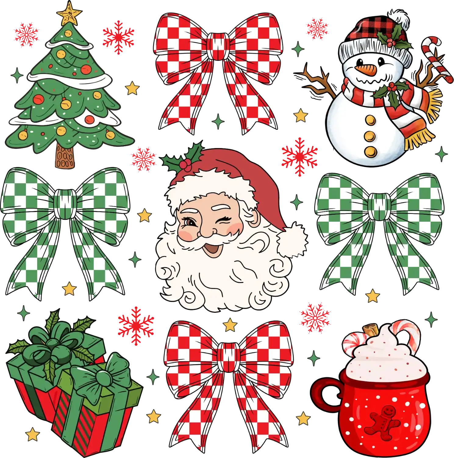 Vintage Christmas-themed ready to press dtf transfer featuring Santa face, snowman, decorated tree, gifts, and red plaid bows.