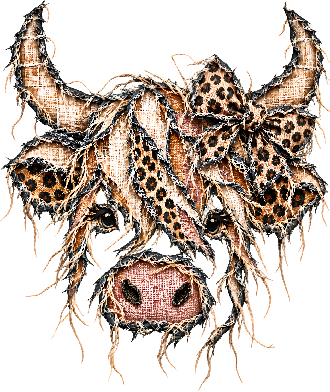 Boho leopard spotted Highland cow face with textured fabric details, ready to press dtf transfer