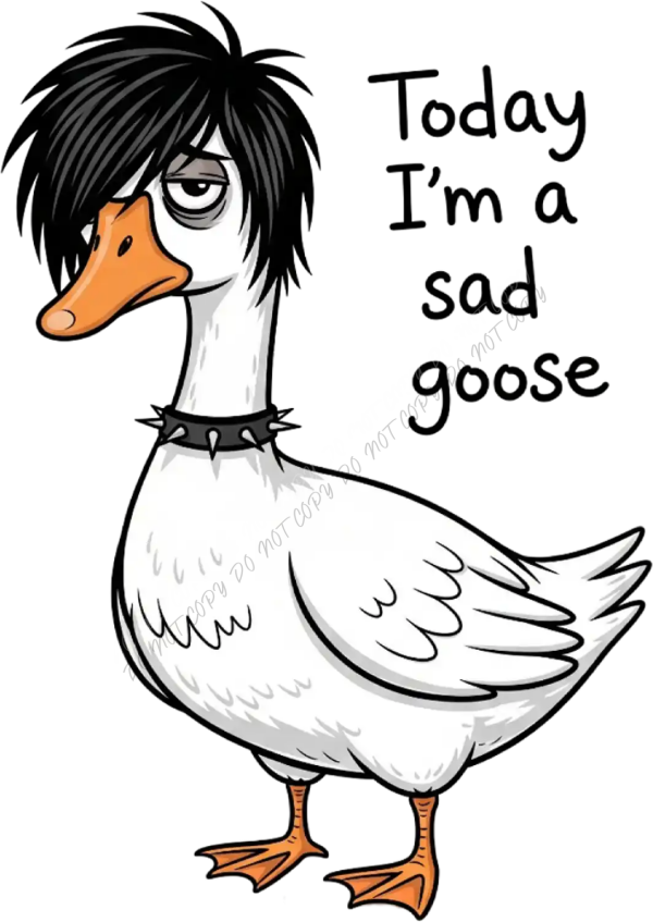 Cartoon sad goose with black emo hair, orange beak, and spiked collar, ready to press dtf transfer