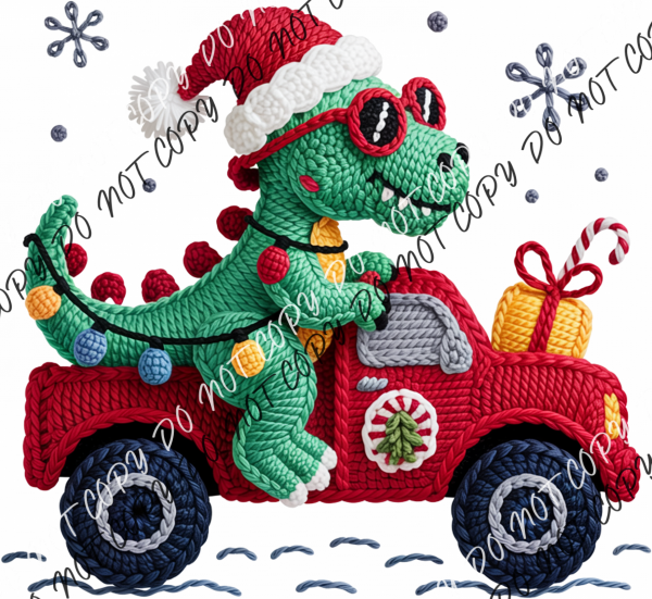 Santa Dino on Red Truck Faux Yarn DTF Transfer RTP DTF Transfers