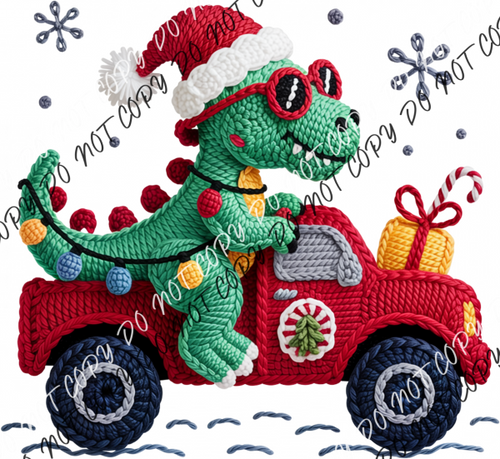 Santa Dino on Red Truck Faux Yarn DTF Transfer RTP DTF Transfers