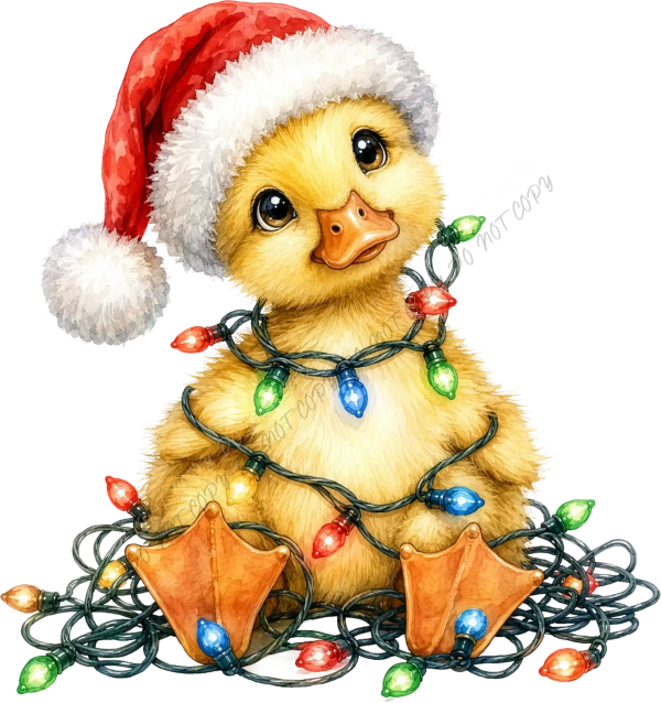 Cute yellow duckling wearing Santa hat and Christmas lights ready to press dtf transfer design