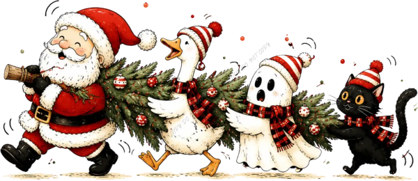 Santa with friends including snowman, ghost, and black cat holding garland wreaths in red plaid hats, ready to press dtf transfer
