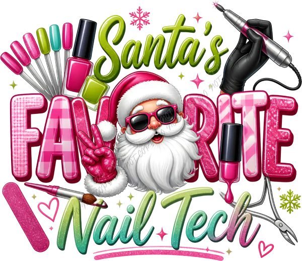 Cool Santa wearing sunglasses surrounded by colorful nail polish, files, and nail art tools - ready to press dtf transfer