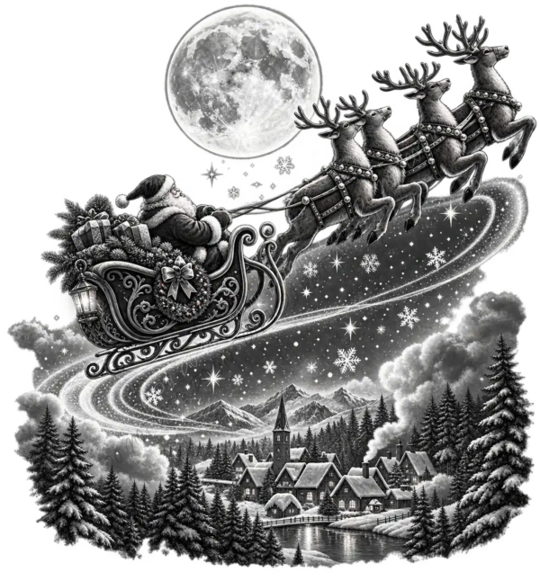 Detailed grayscale illustration of Santa's sleigh with reindeer flying over a snowy village and full moon, ready to press dtf transfer