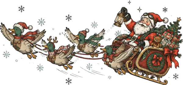 Vintage Santa in sleigh pulled by three reindeer wearing Santa hats, holding lantern and gifts, ready to press dtf transfer