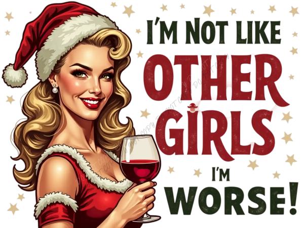 Retro-style woman in red Santa outfit holding wine glass, ready to press DTf transfer with gold stars