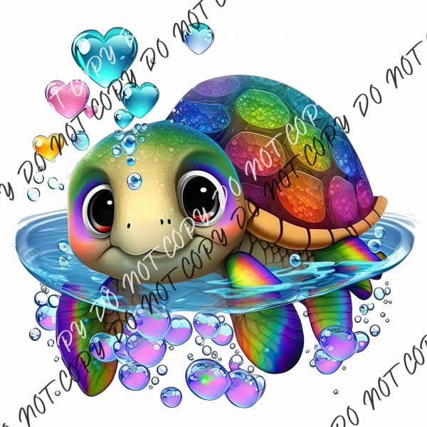 Sea Turtle With Heart Bubbles Colorful Dtf Transfer