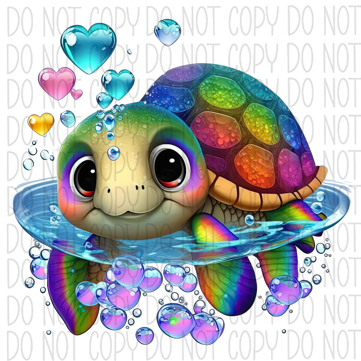 Sea Turtle With Heart Bubbles Colorful Dtf Transfer