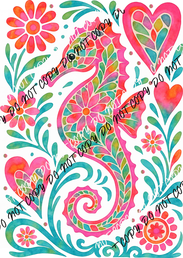 SEAHORSE PINK GREEN PATTERN DTF TRANSFER - We Print U Press DTF Transfers