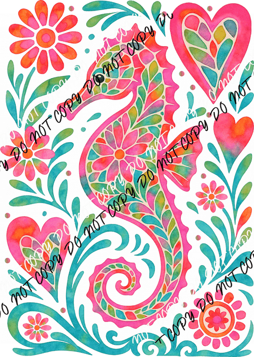 SEAHORSE PINK GREEN PATTERN DTF TRANSFER - We Print U Press DTF Transfers
