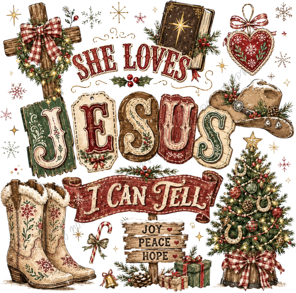 She Loves Jesus Western Christmas DTF Transfer - RTP DTF Transfer