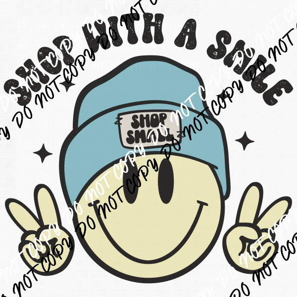 Shop With a Smile Blue Hat Smiley DTF Transfer - We Print U Press DTF Transfers