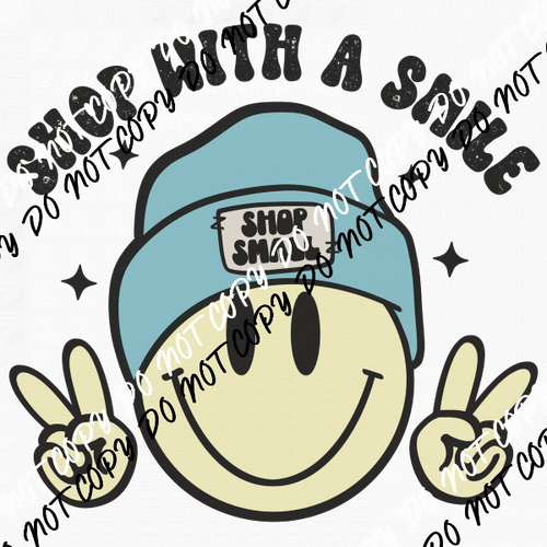 Shop With a Smile Blue Hat Smiley DTF Transfer - We Print U Press DTF Transfers