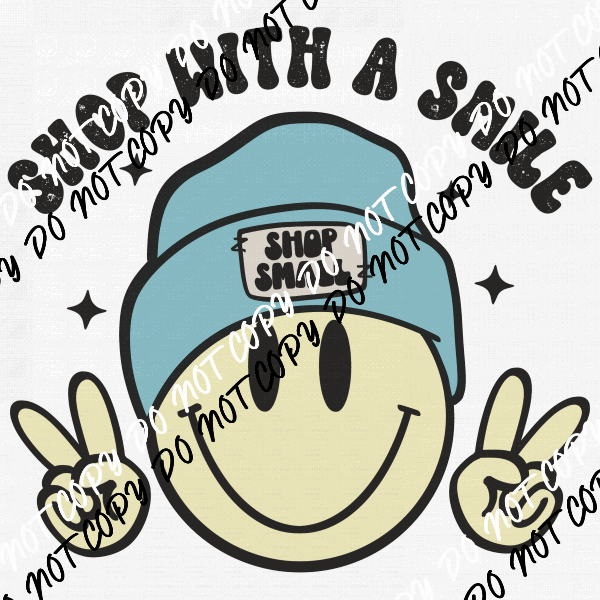 Shop With a Smile Blue Hat Smiley DTF Transfer - We Print U Press DTF Transfers
