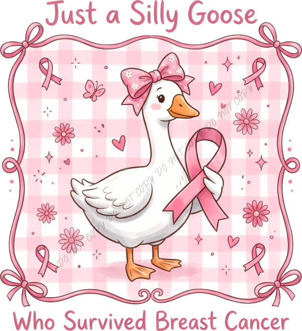 White goose wearing pink bow and pink ribbon, surrounded by flowers and hearts on checkered background, ready to press dtf transfer