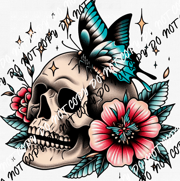 Skull with Butterfly Tattoo Style DTF Transfer - We Print U Press DTF Transfers