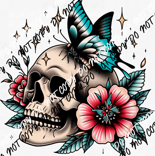 Skull with Butterfly Tattoo Style DTF Transfer - We Print U Press DTF Transfers