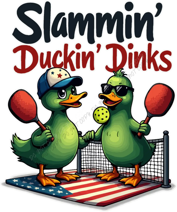 Two cartoon green ducks holding red pickleball paddles with a yellow ball and net on an American flag background, ready to press dtf transfer