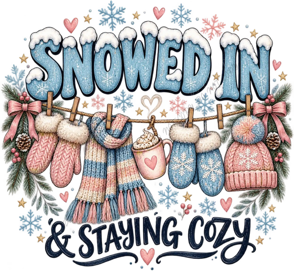 Snowed In & Staying Cozy winter design with snow-textured lettering, hanging winter accessories, and ready to press dtf transfer