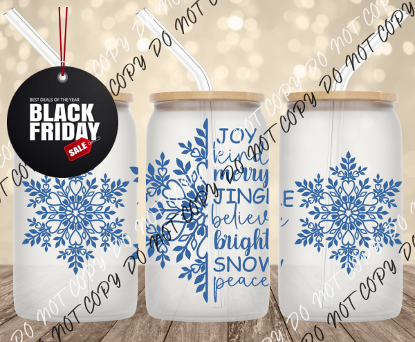 Snowflake Christmas Words UV Transfer for 16 oz Glass Can Tumblers