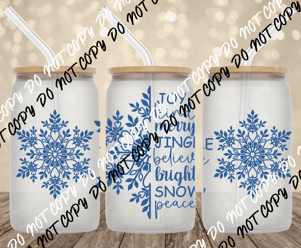 Snowflake Christmas Words UV Transfer for 16 oz Glass Can - We Print U Press DTF Transfers