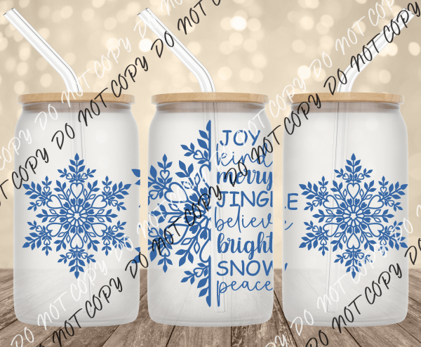 Snowflake Christmas Words UV Transfer for 16 oz Glass Can - We Print U Press DTF Transfers