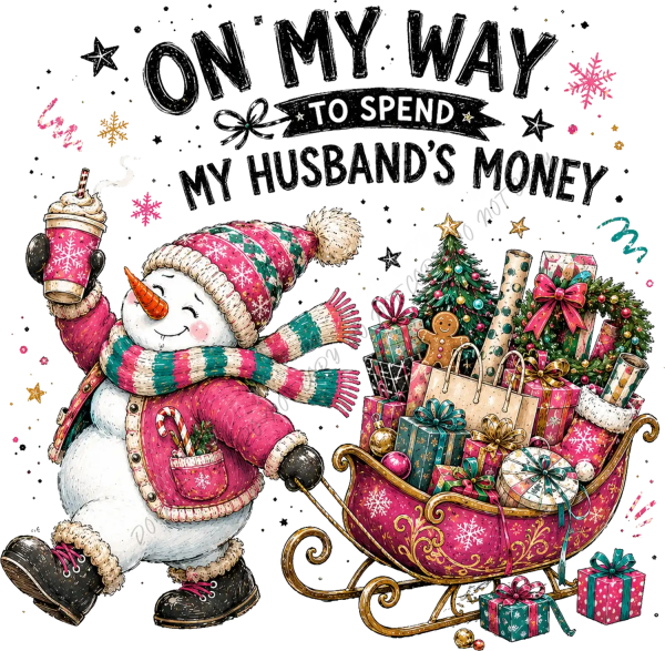 Cheerful snowman in pink hat holding coffee with oversized gift-filled sleigh, ready to press dtf transfer design
