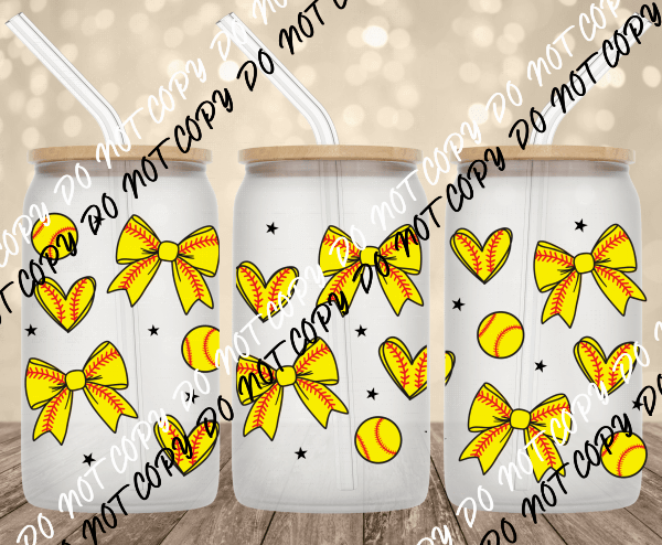 Softball Coquette UV Transfer for 16 oz Glass Can - We Print U Press DTF Transfers