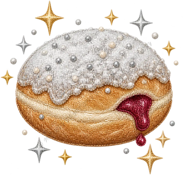 Golden glazed donut with white powdered sugar, ruby red jam filling, and golden stars, ready to press dtf transfer