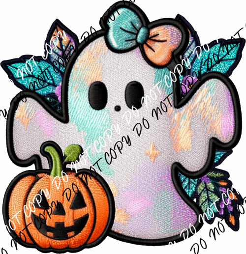 Sparkly Ghost with Pumpkin Faux Embroidery DTF Transfer - We Print U Press DTF Transfers