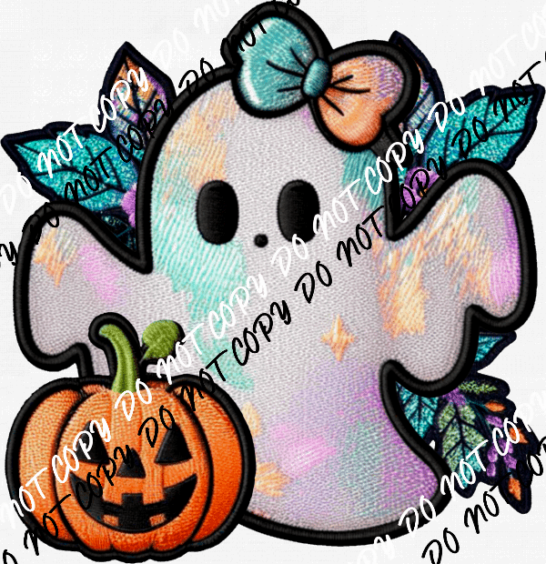 Sparkly Ghost with Pumpkin Faux Embroidery DTF Transfer - We Print U Press DTF Transfers