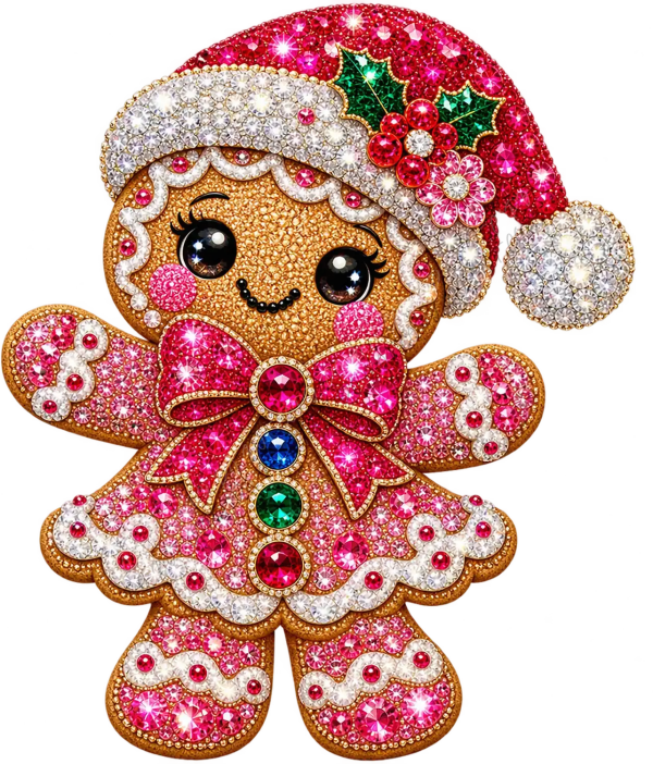 Sparkly gingerbread girl wearing Santa hat with pink and white glitter, jeweled bow, ready to press dtf transfer