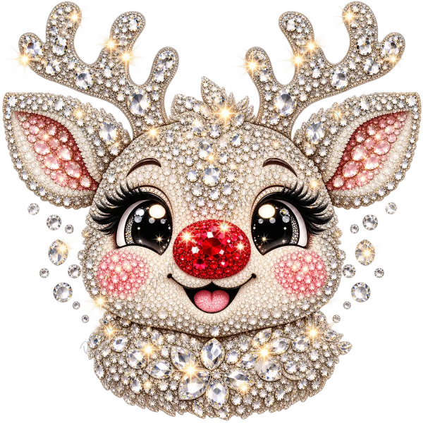Sparkly reindeer face with red glitter nose and gold antlers, ready to press dtf transfer design
