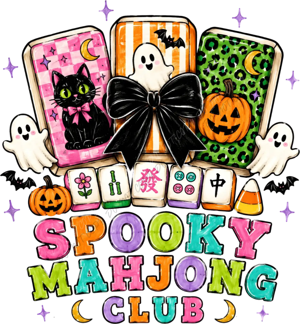 Colorful Spooky Mahjong Club design with ghost, pumpkin, black cat, and mahjong tiles, ready to press dtf transfer