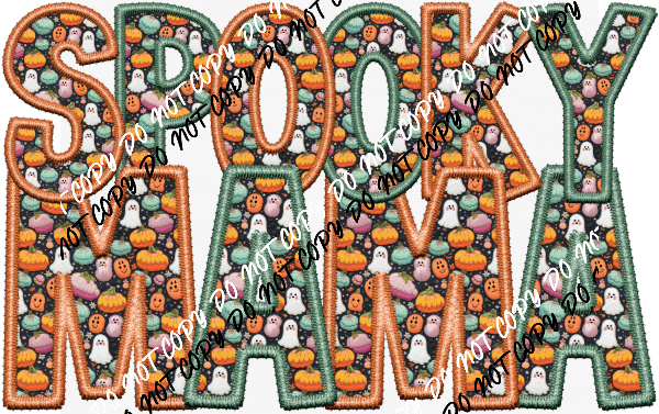 Spooky Mama Cute Ghost Fabric Green and Orange faux embroidery DTF Transfer - We Print U Press DTF Transfers