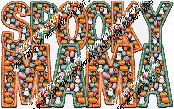 Spooky Mama Cute Ghost Fabric Green and Orange faux embroidery DTF Transfer - We Print U Press DTF Transfers
