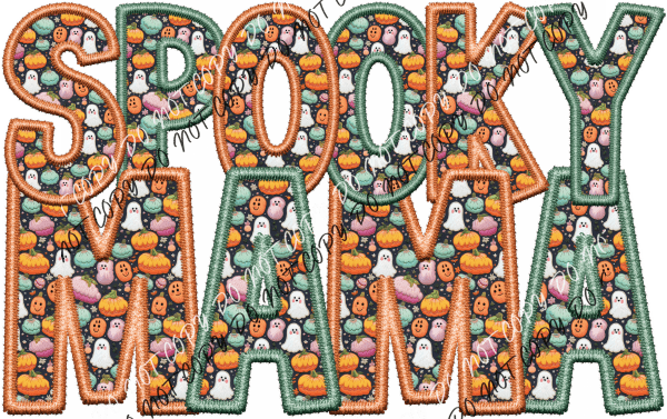 Spooky Mama Cute Ghost Fabric Green And Orange Faux Embroidery Dtf Transfer Rtp Transfers