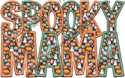 Spooky Mama Cute Ghost Fabric Green And Orange Faux Embroidery Dtf Transfer Rtp Transfers